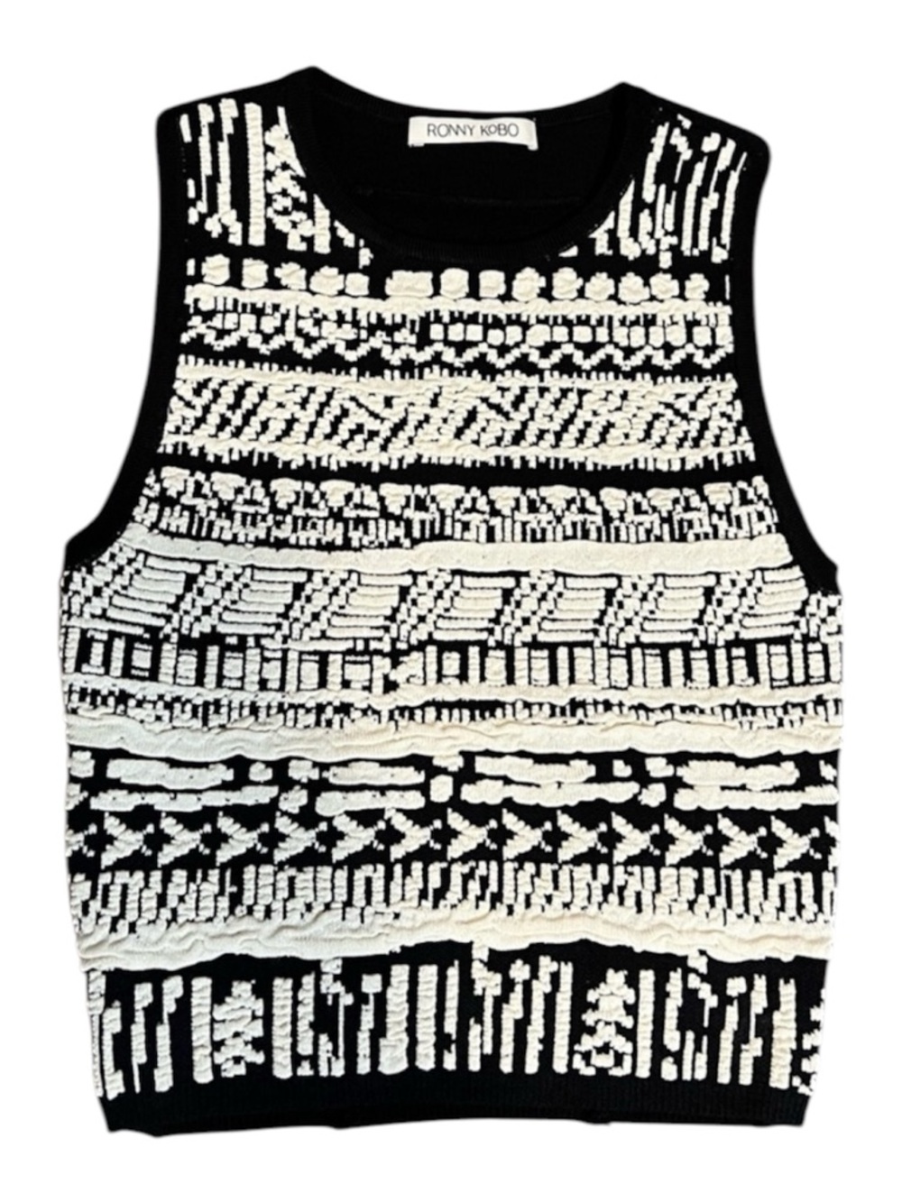 Ronny Kobo Collection Patterned Knit Top Stretchy Black and White XS